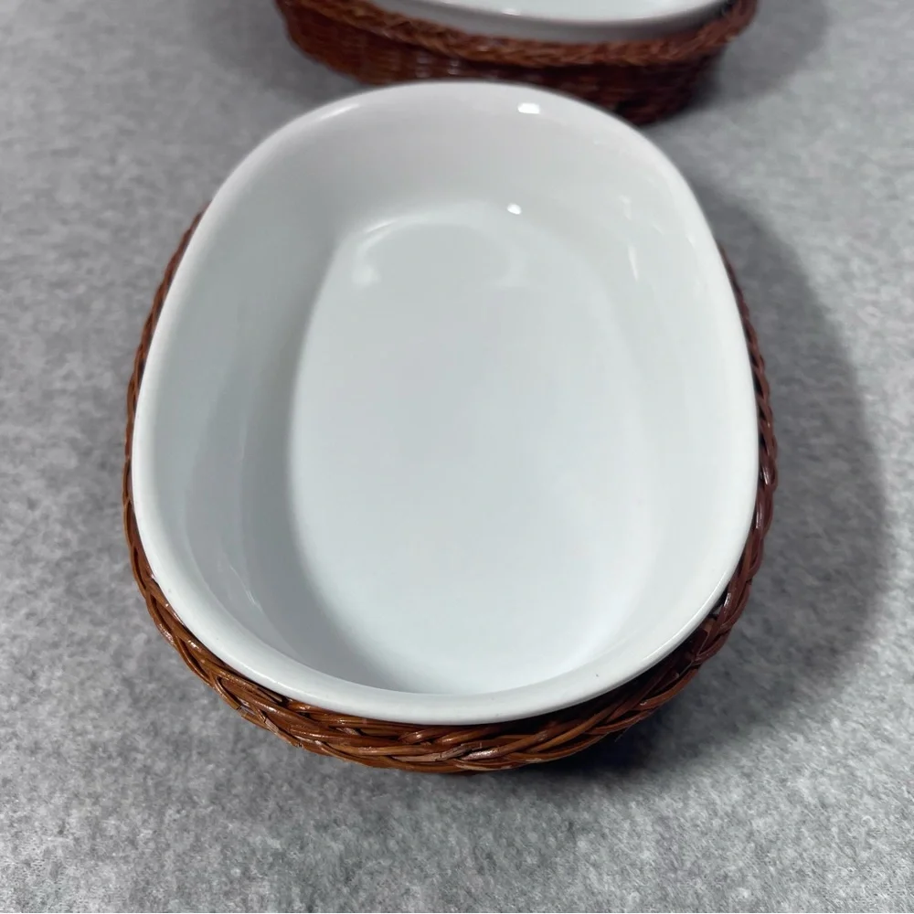 White Pair Ceramic Plate Dish with‎ Wicker Ovenware Single Serve 8”x5”